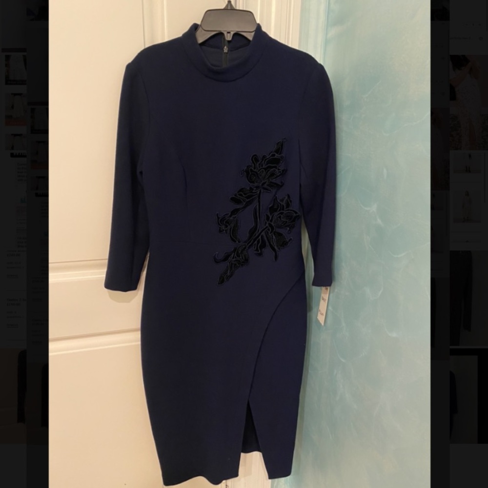 Teri Jon navy dress with flower embroidery detail